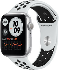Apple Watch Nike Series 6 GPS, 44 mm, carcasă din aluminiu argintiu, curea sport Nike platină/neagră