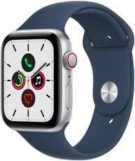 Apple Watch SE GPS + Cellular, 44 mm carcasă din aluminiu argintiu, curea sport albastru marin