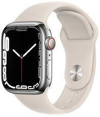 Apple Watch Series 7 GPS + Cellular, 41 mm, carcasă din oțel argintiu, curea sport alb stelar