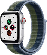 Apple Watch SE GPS + Cellular, 40 mm carcasă din aluminiu argintiu, curea sport albastră/verde-moss