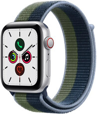 Apple Watch SE GPS + Cellular, 44 mm carcasă din aluminiu argintiu, curea sport albastru/verde-moos