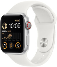 Apple Watch SE (2022) GPS + Cellular, 40 mm, carcasă din aluminiu argintiu, curea sport albă