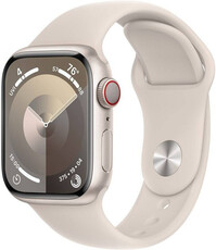 Apple Watch Series 9, GPS + Cellular, carcasă din aluminiu alb stelar, 45 mm, curea sport M/L