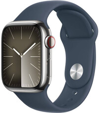 Apple Watch Series 9 GPS + Cellular 41mm cu carcasă din oțel inoxidabil argintie și curea sport storm blue