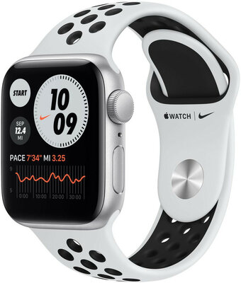 Apple Watch Nike SE GPS, 40 mm, carcasă din aluminiu argintiu, curea sport Nike platină/neagră