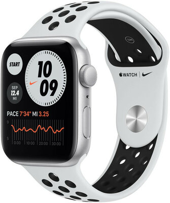 Apple Watch Nike SE GPS, 44 mm, carcasă din aluminiu argintiu, curea sport Nike platină/neagră