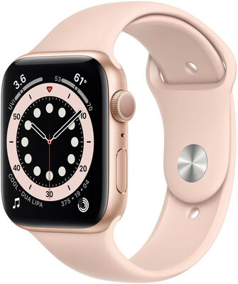 Apple Watch Series 6 GPS, 44 mm, carcasă din aluminiu auriu, curea sport roz nisipiu