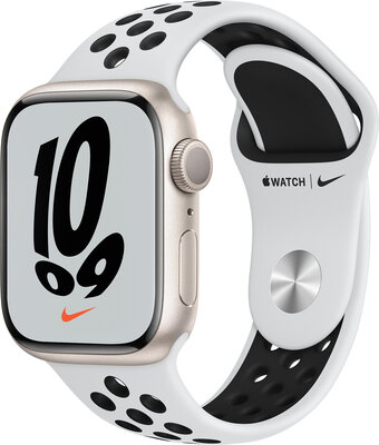 Apple Watch Nike Series 7 GPS, 41 mm, carcasă din aluminiu alb, curea sport Nike din platină