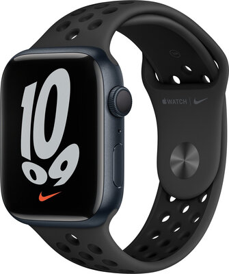 Apple Watch Nike Series 7 GPS, 45 mm, carcasă din aluminiu de culoare închisă, curea sport Nike neagră