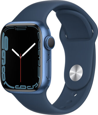 Apple Watch Series 7 GPS, 41 mm, carcasă din aluminiu albastru, curea sport albastru marin intens