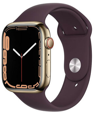 Apple Watch Series 7 GPS + Cellular, 45 mm, carcasă din oțel auriu, curea sport vișinie închisă