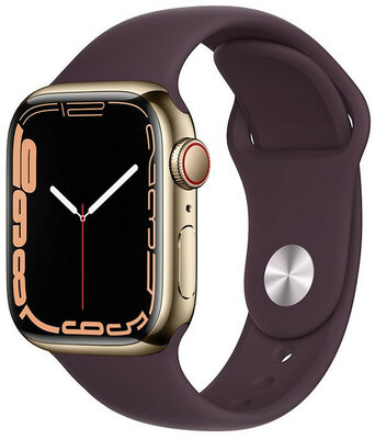 Apple Watch Series 7 GPS + Cellular, 41 mm carcasă din oțel inoxidabil auriu, curea sport culoare vișiniu închis