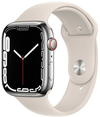 Apple Watch Series 7 GPS + Cellular, 45 mm carcasă din oțel argintiu, curea sport alb stelar