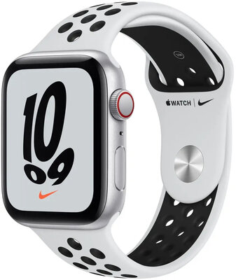 Apple Watch Nike SE GPS + Cellular, 44 mm carcasă din aluminiu argintiu, curea sport Nike platină/neagră