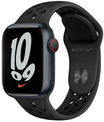 Apple Watch Nike Series 7 GPS + Cellular, 41 mm carcasă din aluminiu de culoare închisă, curea sport Nike neagră