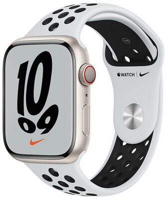 Apple Watch Nike Series 7 GPS + Cellular, 45 mm carcasă din aluminiu alb stelar, curea sport Nike din platină