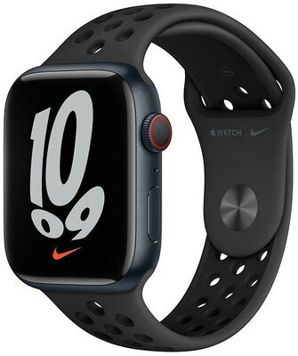 Apple Watch Nike Series 7 GPS + Cellular, 45 mm carcasă din aluminiu de culoare închisă, curea sport Nike neagră