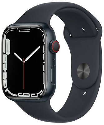 Apple Watch Series 7 GPS + Cellular, de 45 mm carcasă din aluminiu de culoare închisă  și curea sport de culoare închisă.