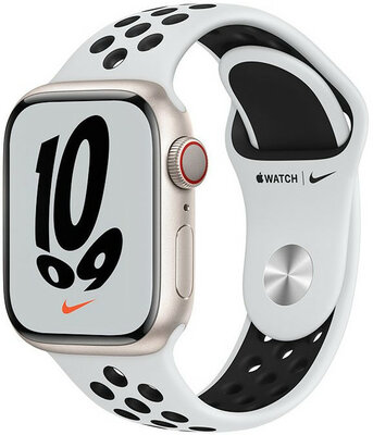 Apple Watch Nike Series 7 GPS + Cellularde 41 mm , carcasă  din aluminiu alb-stelar cu o curea sport Nike din platină