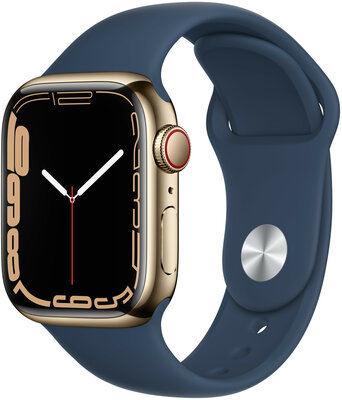 Apple Watch Series 7 GPS + Cellular,  41 mm carcasă din oțel inoxidabil auriu, curea sport albastră