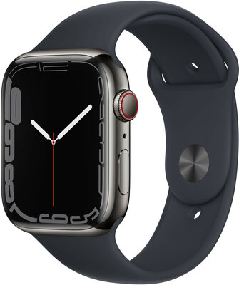 Apple Watch Series 7 GPS + Cellular, 45 mm oțel grafit, curea sport culoare închisă
