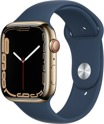 Apple Watch Series 7 GPS + Cellular, 45 mm carcasă aurie din oțel inoxidabil, curea sport albastră