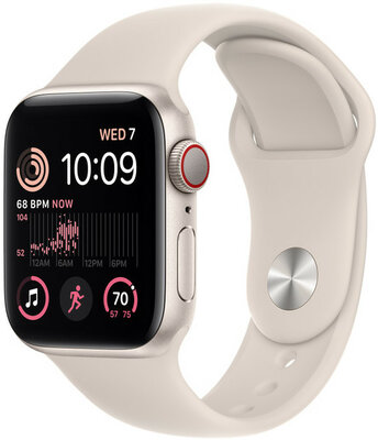 Apple Watch SE (2022) GPS + Cellular, 40 mm, carcasă din aluminiu alb stelar, curea sport albă