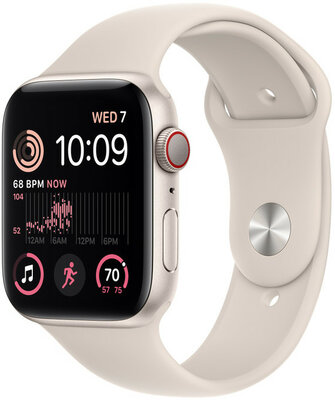 Apple Watch SE (2022) GPS + Cellular, 44mm, carcasă din aluminiu alb, curea sport albă