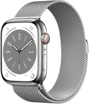Apple Watch Series 8, GPS + Cellular, 45 mm, Carcasă argintie din oțel inoxidabil, brățară milaneză