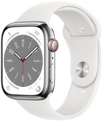 Apple Watch Series 8, GPS + Cellular, 45 mm, carcasă argintie din oțel inoxidabil, curea sport