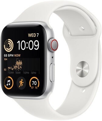 Apple Watch SE (2022) GPS + Cellular, 44 mm carcasă din aluminiu argintiu, curea sport albă