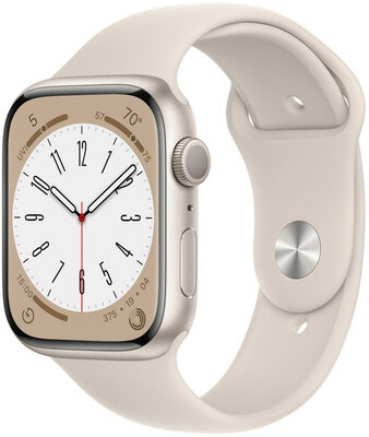 Apple Watch Series 8, GPS, 45 mm, Carcasă din aluminiu alb stelar, curea sport