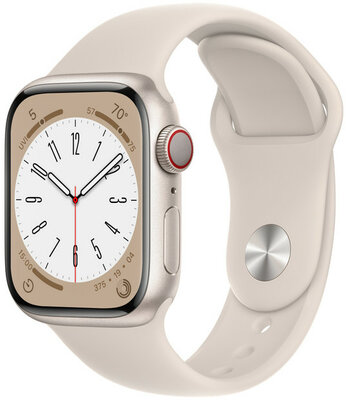 Apple Watch Series 8, GPS + Cellular, 41 mm, carcasă din aluminiu alb stelar, curea sport