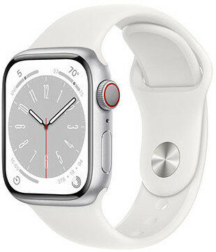 Apple Watch Series 8, GPS + Cellular, 41 mm, Carcasă din aluminiu argintiu, curea sport