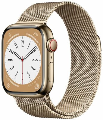 Apple Watch Series 8, GPS + Cellular, 41 mm, Carcasă aurie din oțel inoxidabil, brățară milaneză