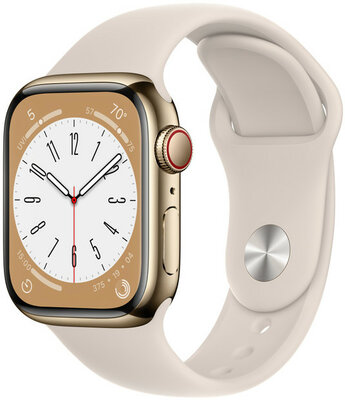 Apple Watch Series 8, GPS + Cellular, 41 mm, Carcasă aurie din oțel inoxidabil, curea sport