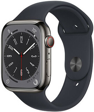 Apple Watch Series 8, GPS + Cellular, 45 mm, Carcasă din oțel inoxidabil gri grafit, curea sport
