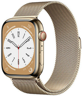 Apple Watch Series 8, GPS + Cellular, 45 mm, carcasă aurie din oțel inoxidabil, curea sport