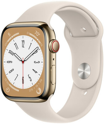 Apple Watch Series 8, GPS + Cellular, 45 mm, carcasă aurie din oțel inoxidabil, curea sport