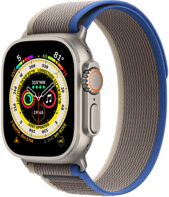 Apple Watch Ultra, GPS + Cellular, 49 mm, curea gri-albastră "Trail loop" (S/M)