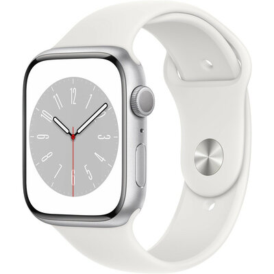 Apple Watch Series 8, GPS, 45 mm, carcasă din aluminiu argintiu, curea sport
