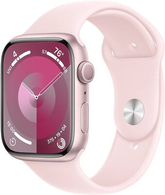 Apple Watch Series 9, GPS, carcasă din aluminiu roz de 45 mm, curea sport S/M