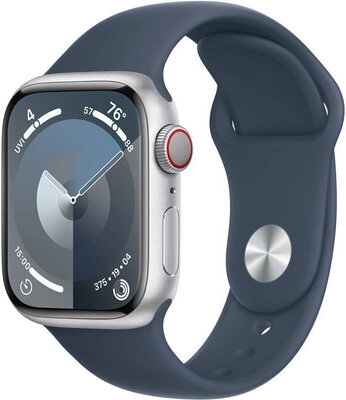 Apple Watch Series 9, GPS + Cellular, carcasă din aluminiu argintiu de 41 mm, curea sport M/L