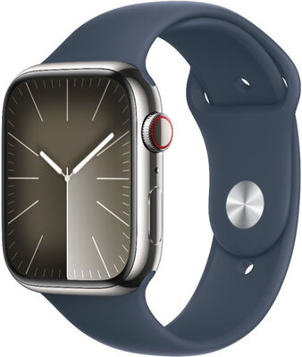 Apple Watch Series 9 GPS + Cellular 45 mm carcasă argintie din oțel inoxidabil cu curea sport Blue Storm - S/M