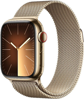 Apple Watch Series 9 GPS + Cellular 45mm carcasă aurie din oțel inoxidabil cu tensiune Gold Milanese 