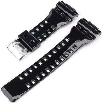 Curea pentru Casio G-Shock, din plastic, neagră, lucioasă, cu cataramă argintie (pentru modelele GA-100, GA-110, GD-120, GLS-100)